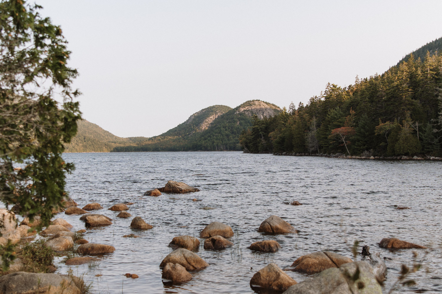 Jordan Pond elopement with bubbles in the background  