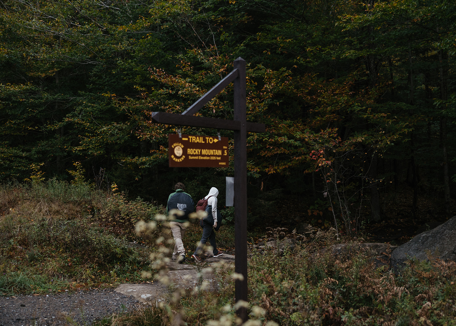 bride and groom hike through the Autumn foliage in upstate New York