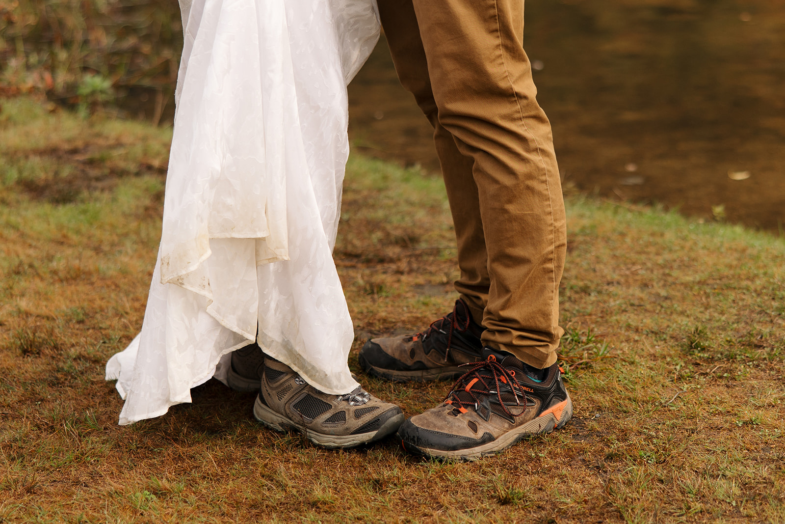 bride and grooms hiking shoes for their Cathedral ledge elopement