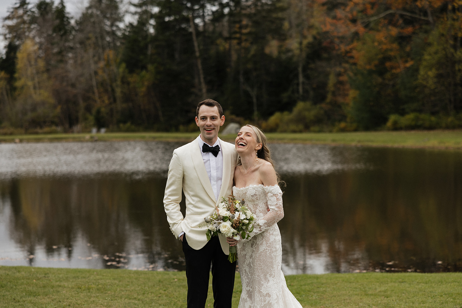 bride and groom pose together before their dreamy Vermont wedding day