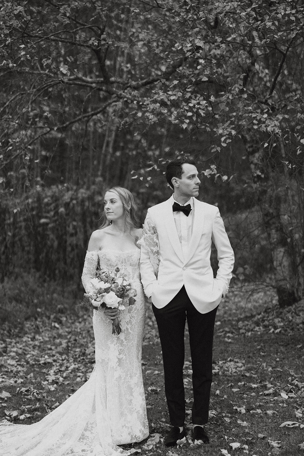 bride and groom pose together before their dreamy Vermont wedding day