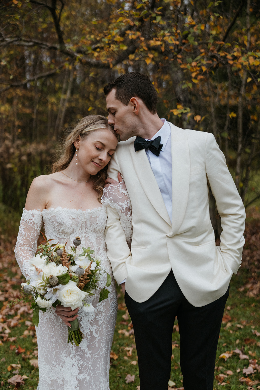 bride and groom pose together before their dreamy Vermont wedding day