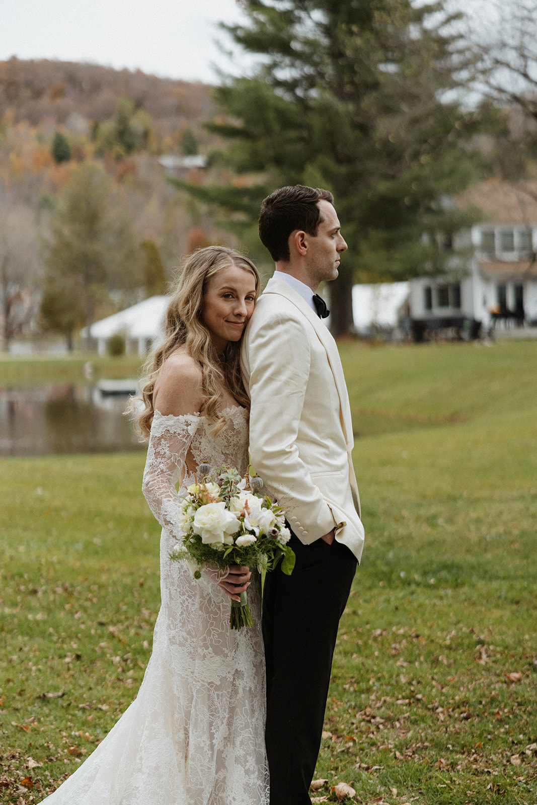 bride and groom pose together before their dreamy Vermont wedding day