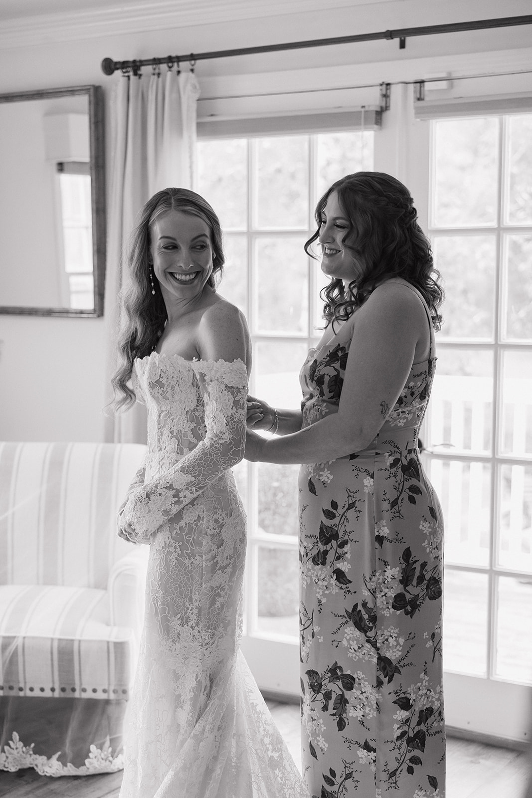 beautiful bride gets help finishing her wedding prep