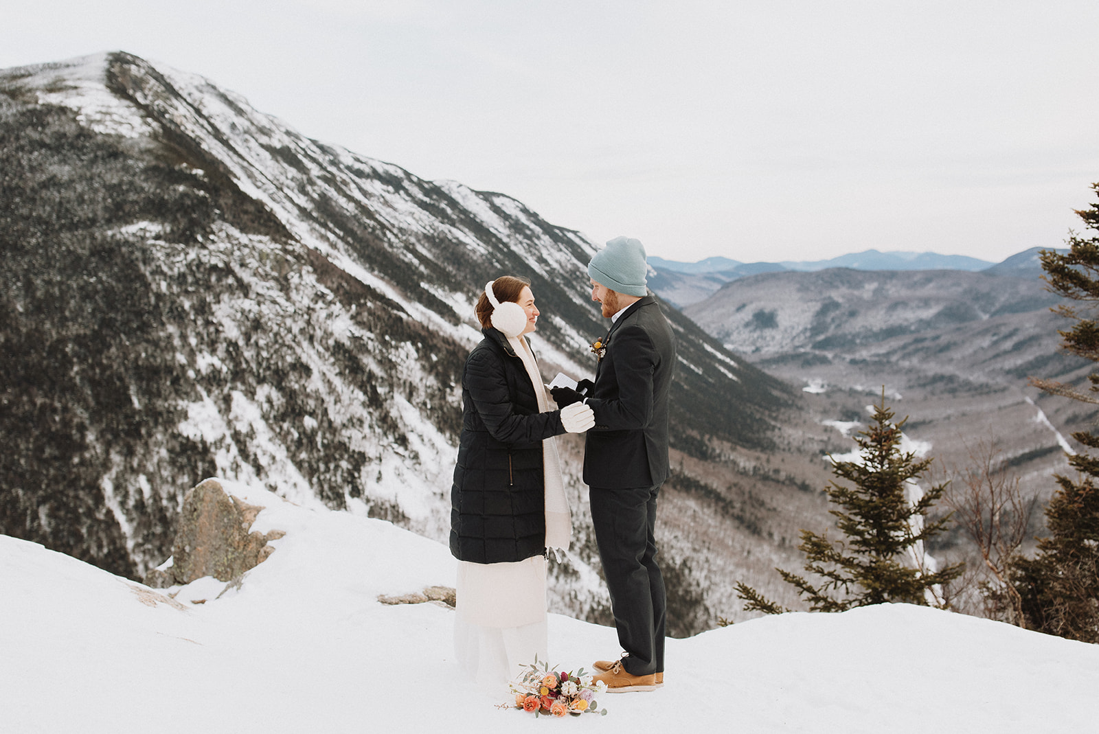 stunning couple pose together during their New Hampshire elopement at Mt. Willard