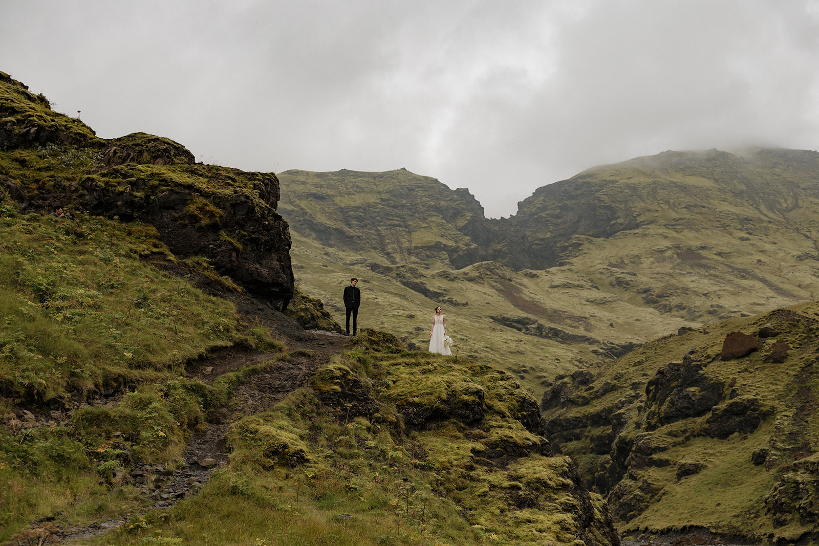 Bride and groom pose at Skogafoss during their Iceland elopement