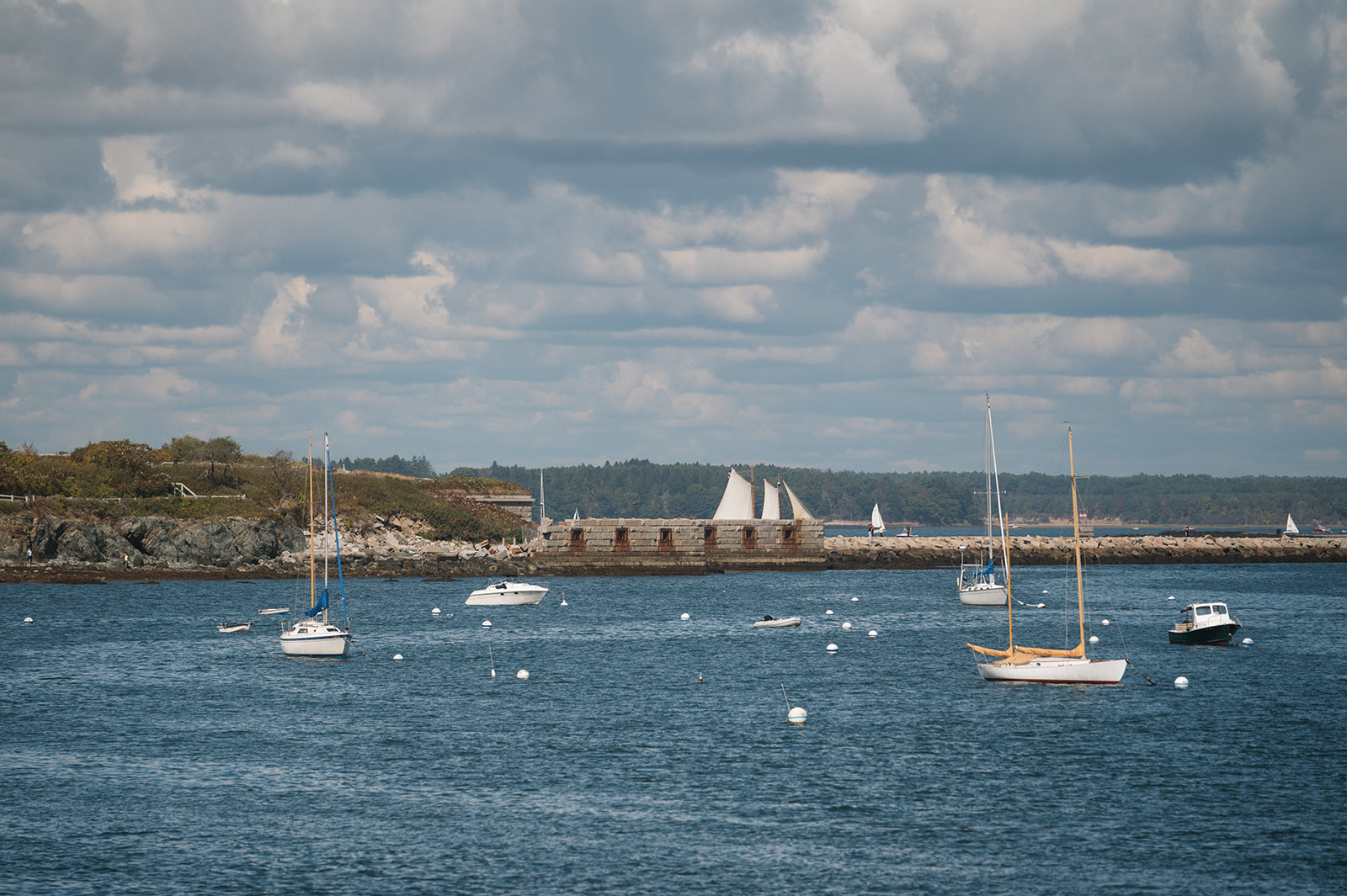 beautiful Portland, Maine harbor complete with sailboats at Willard Beach 