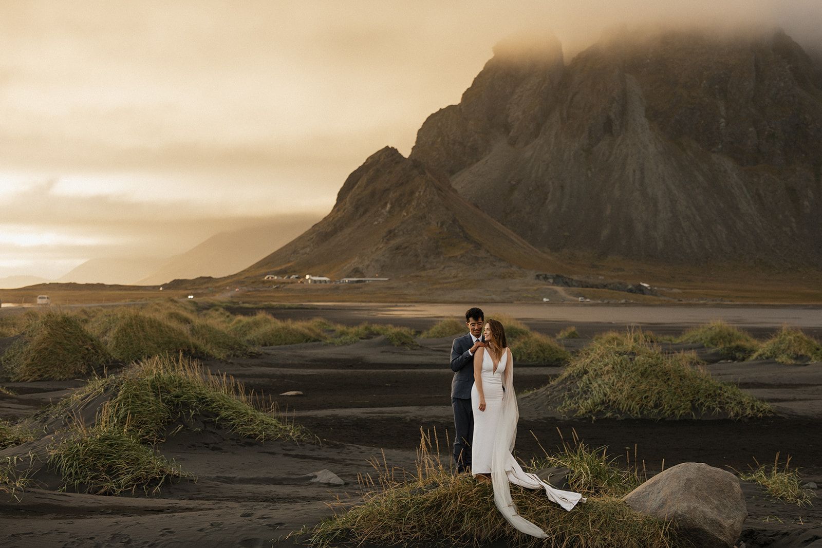 beautiful bride and groom take a stunning photo in Iceland together