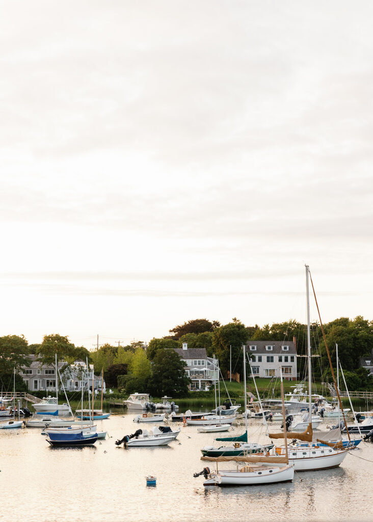 East Coast harbor sits full of sailboats on a beautiful wedding day 